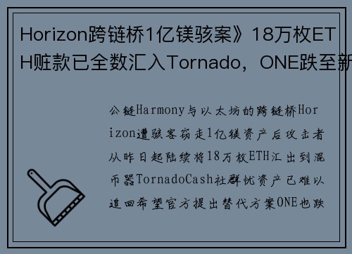 Horizon跨链桥1亿镁骇案》18万枚ETH赃款已全数汇入Tornado，ONE跌至新低